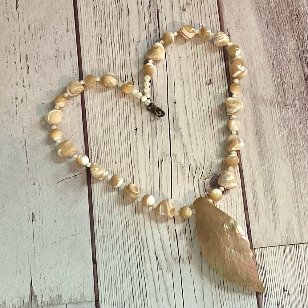 Vintage Mother of Pearl & Nacre Shell Leaf Statement Necklace